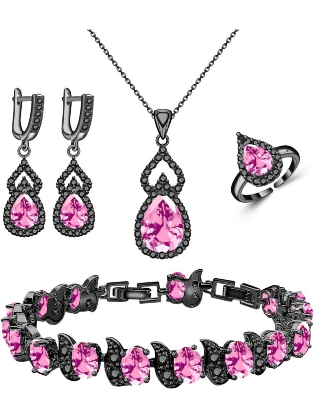 Elegant Platinum Plated Jewelry Set: Necklace, Ring, Earrings & Bracelet